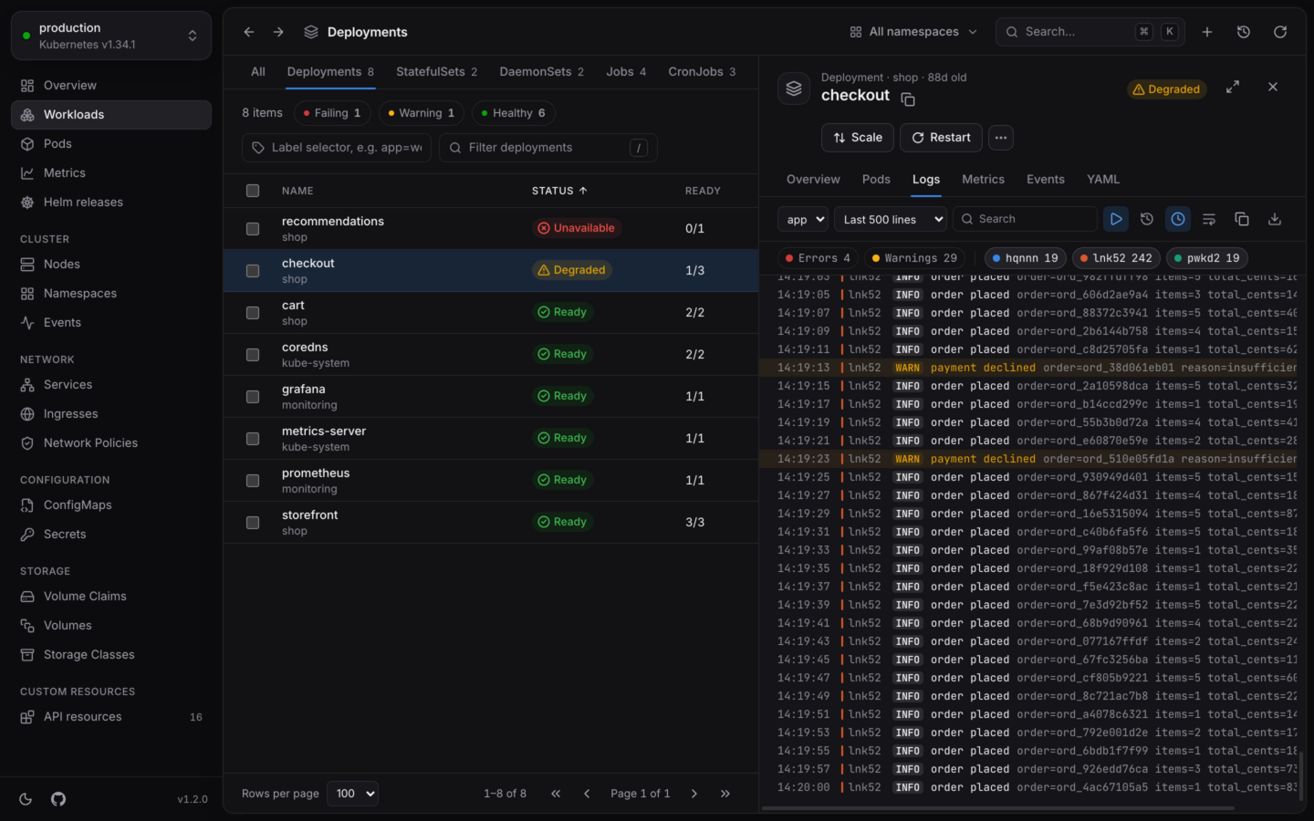 The logs of every pod of a deployment, merged as they happened.