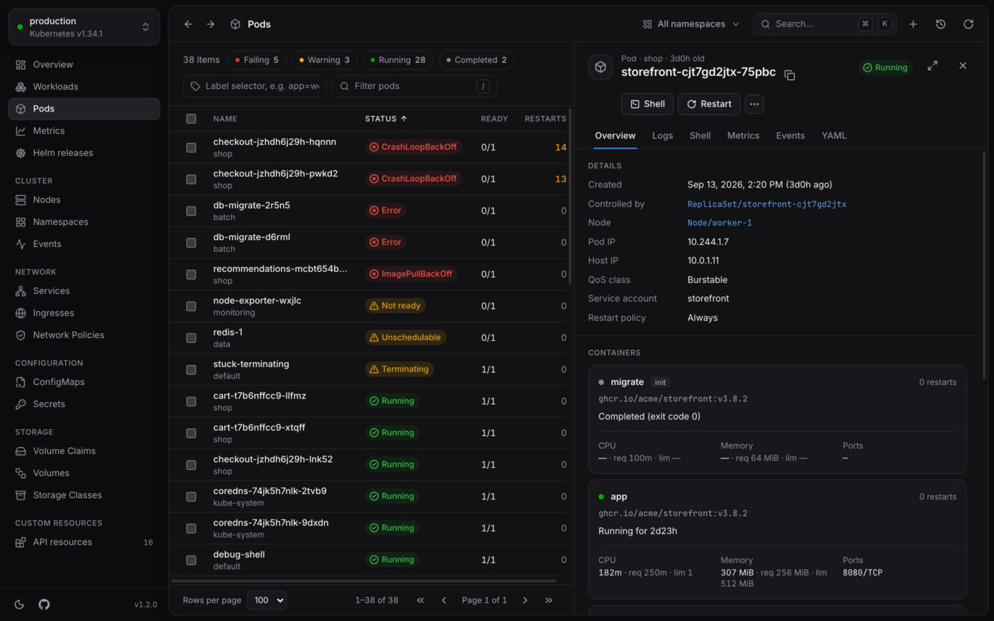 A pod's details next to the list: its containers, their usage and state.