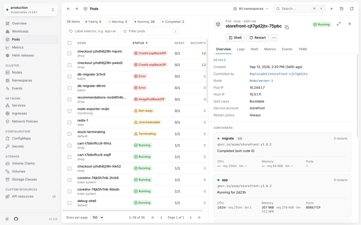 A pod's details next to the list: its containers, their usage and state.