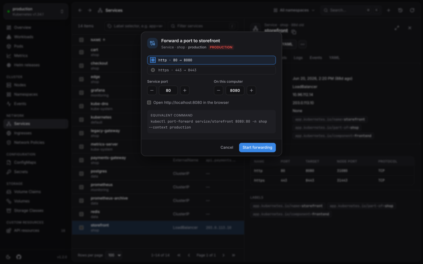 The Forward a port dialog for a service: its ports to pick from, the remote and local port, an option to open the address in the browser, and the kubectl port-forward command.