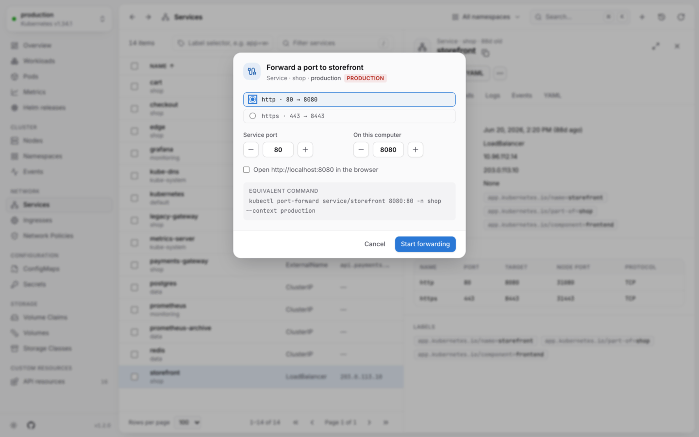 The Forward a port dialog for a service: its ports to pick from, the remote and local port, an option to open the address in the browser, and the kubectl port-forward command.