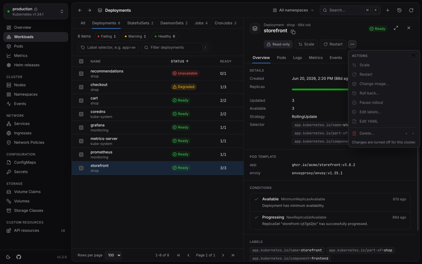 A read-only cluster in KubeStacks: the Read-only badge in place of the actions, explaining that KubeStacks won't change anything in this cluster until allowed.