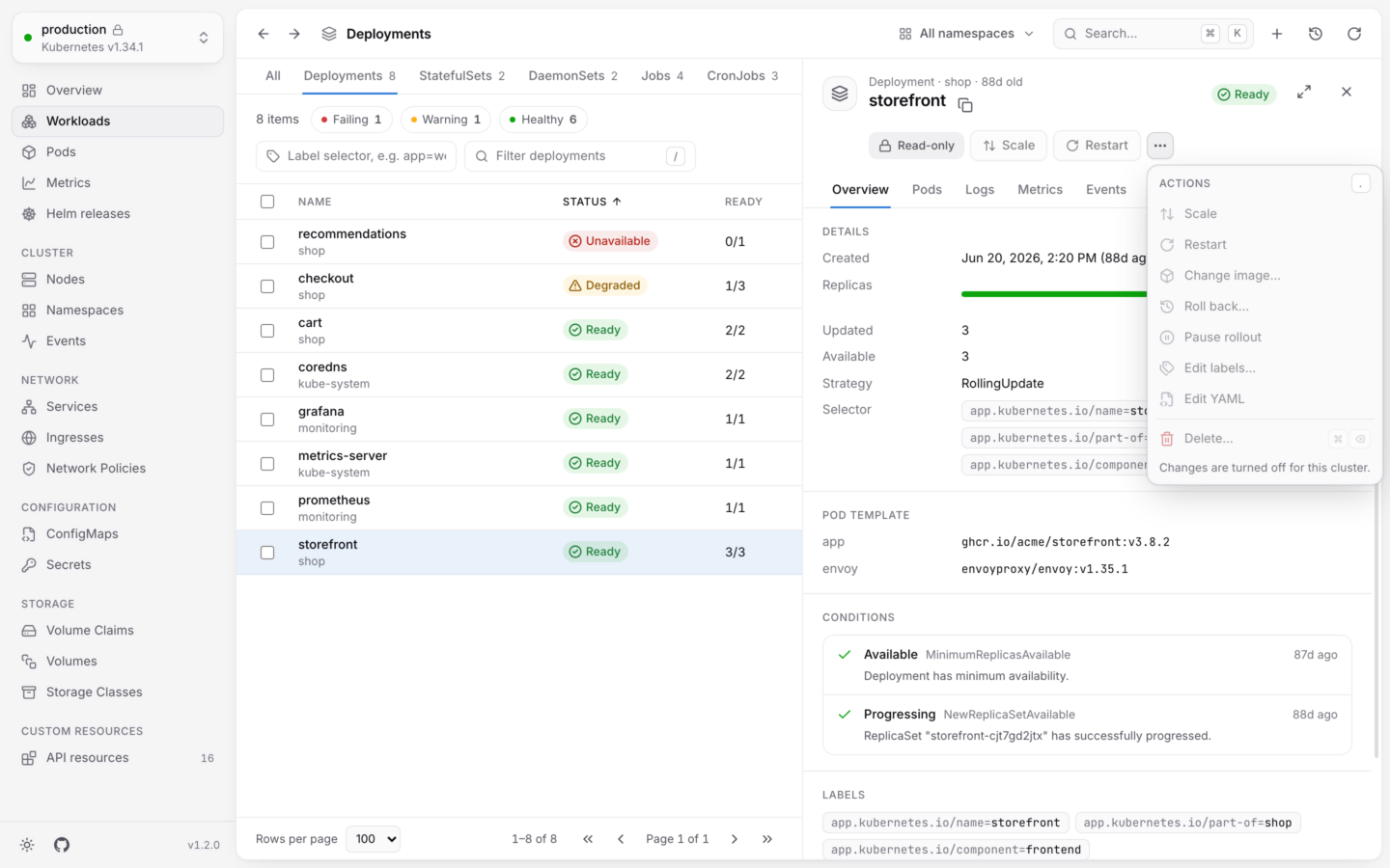 A read-only cluster in KubeStacks: the Read-only badge in place of the actions, explaining that KubeStacks won't change anything in this cluster until allowed.