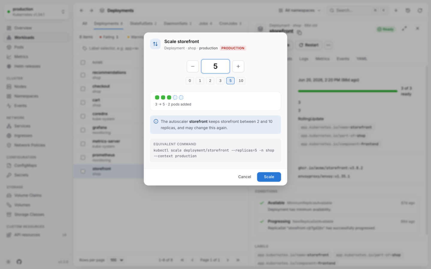 Scaling a deployment, with what will change.