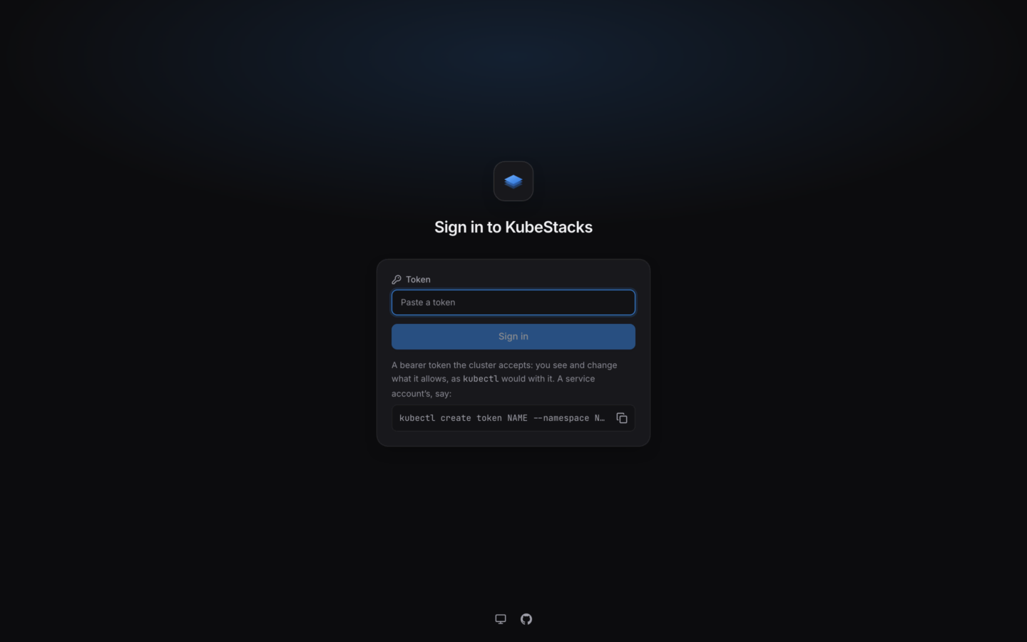 KubeStacks served from a cluster: signing in with a token.