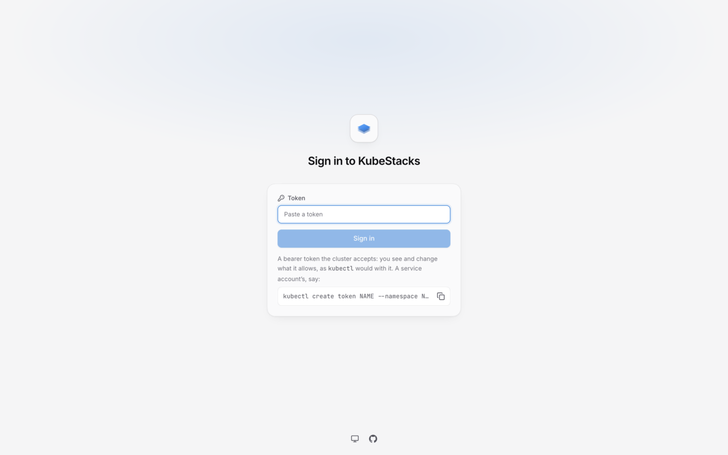 KubeStacks served from a cluster: signing in with a token.