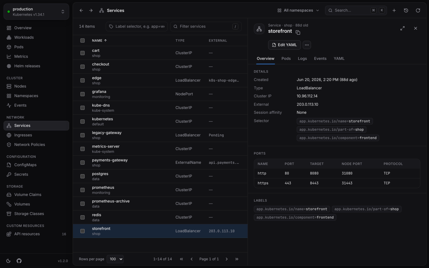 The Services list with a LoadBalancer service open: its details, selector and ports.