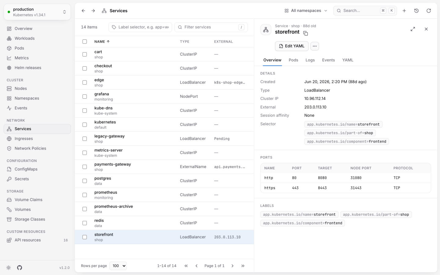 The Services list with a LoadBalancer service open: its details, selector and ports.