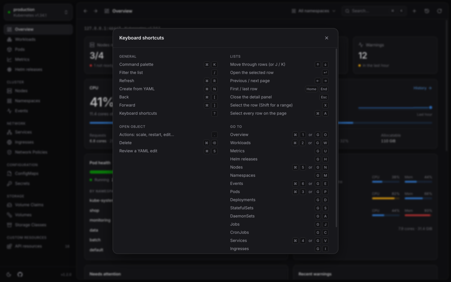 The KubeStacks keyboard shortcuts sheet, grouped into General, Lists, Open object and Go to.