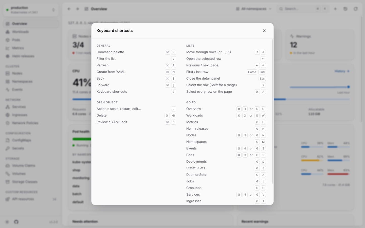 The KubeStacks keyboard shortcuts sheet, grouped into General, Lists, Open object and Go to.