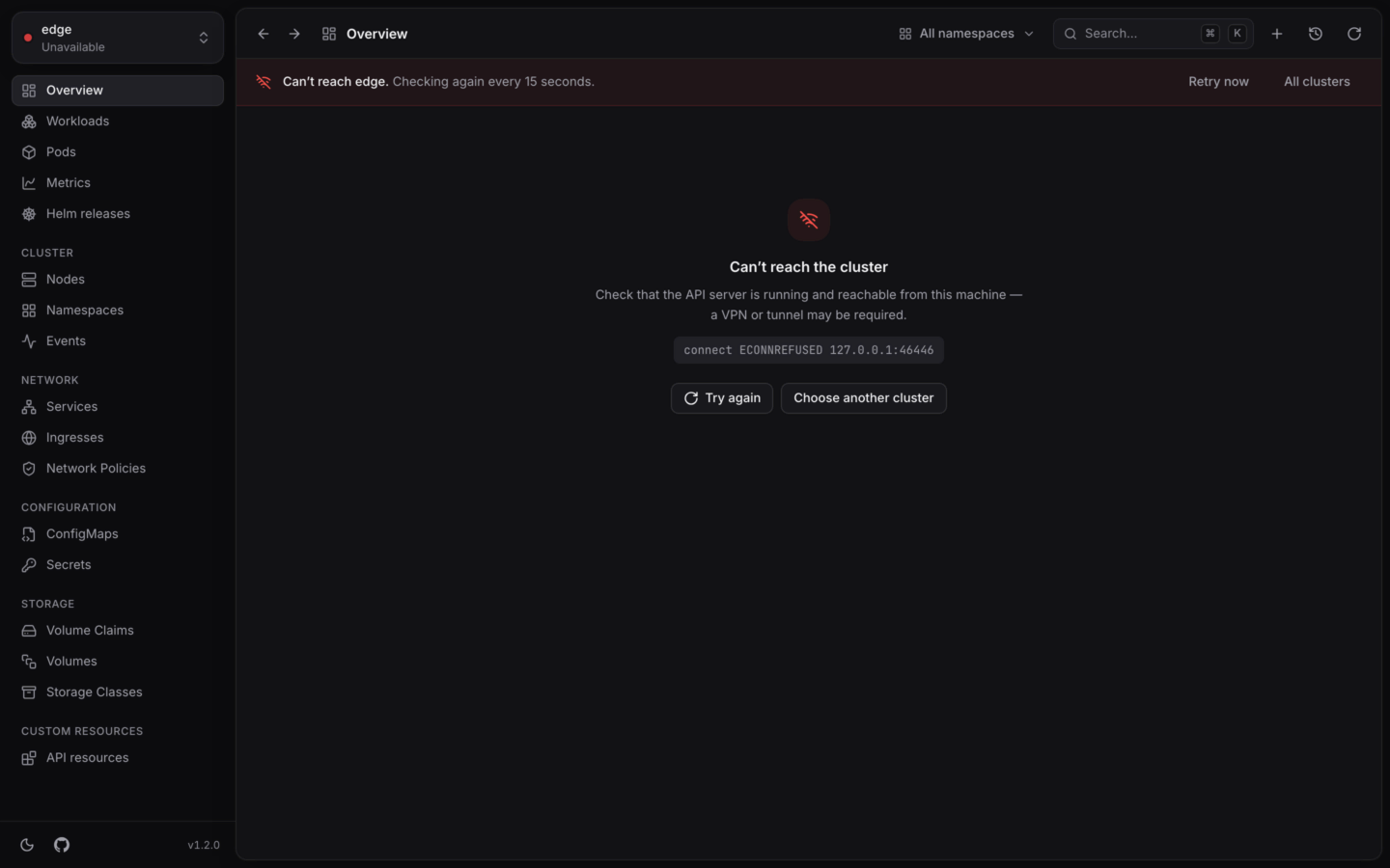A cluster that can't be reached, with an explanation of what to check and a Try again button.