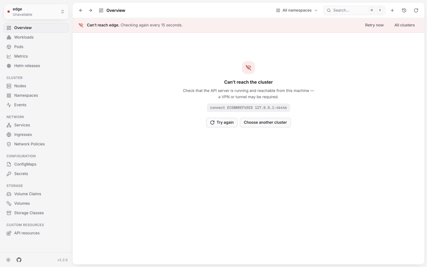 A cluster that can't be reached, with an explanation of what to check and a Try again button.