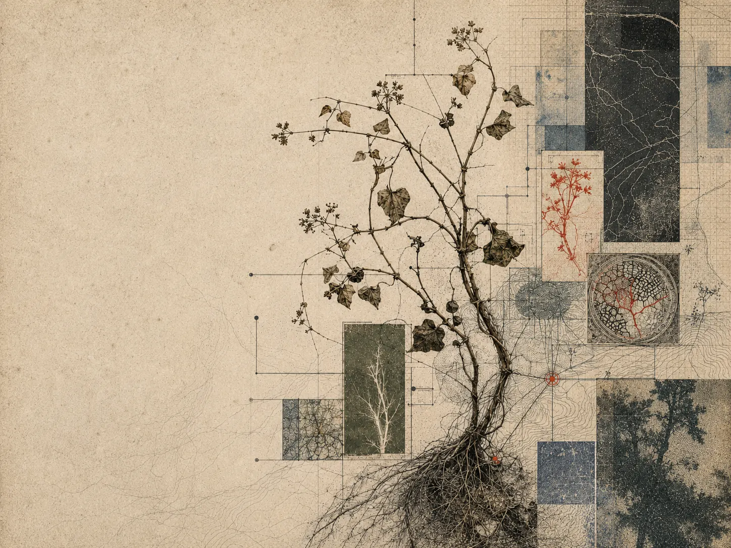 An archival botanical study combining roots, maps, and structural diagrams