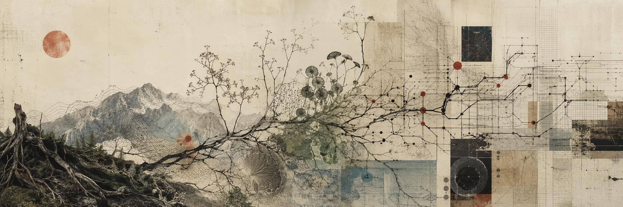 A panoramic collage where a natural landscape grows into a technical system diagram