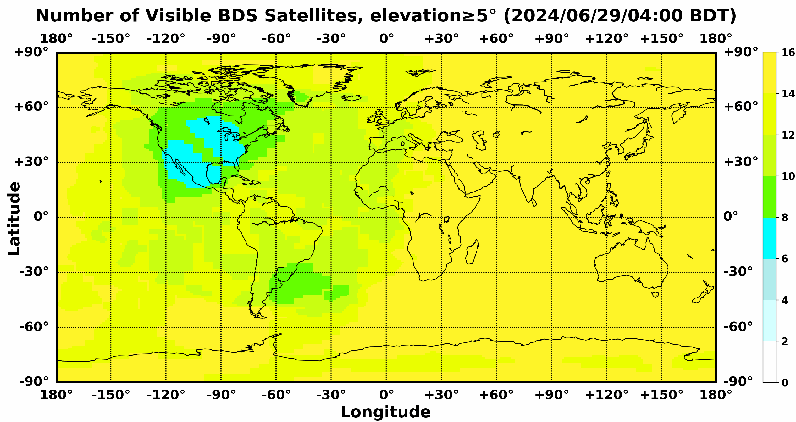 北斗卫星在全球不同区域的分布密度，北美地区明显密度低很多