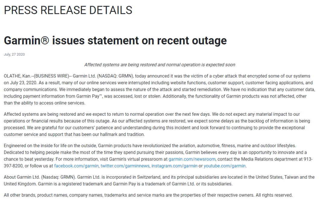 图片来源 https://www.garmin.com/en-US/newsroom/press-release/uncategorized/2020-garmin-issues-statement-on-recent-outage/ 