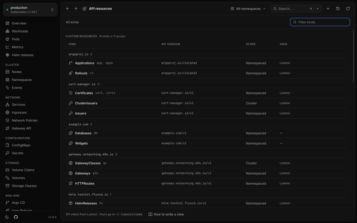 Every kind the cluster serves, custom resources included.