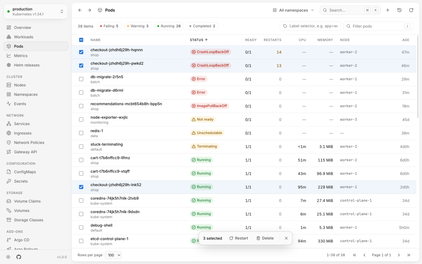 The pods list with several rows checked, and a bar at the bottom showing how many are selected and the actions for them.