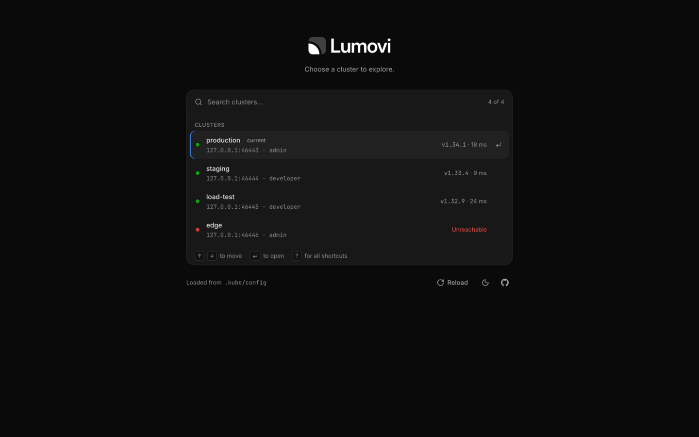 The start screen listing four clusters with their versions and response times, and one marked Unreachable.
