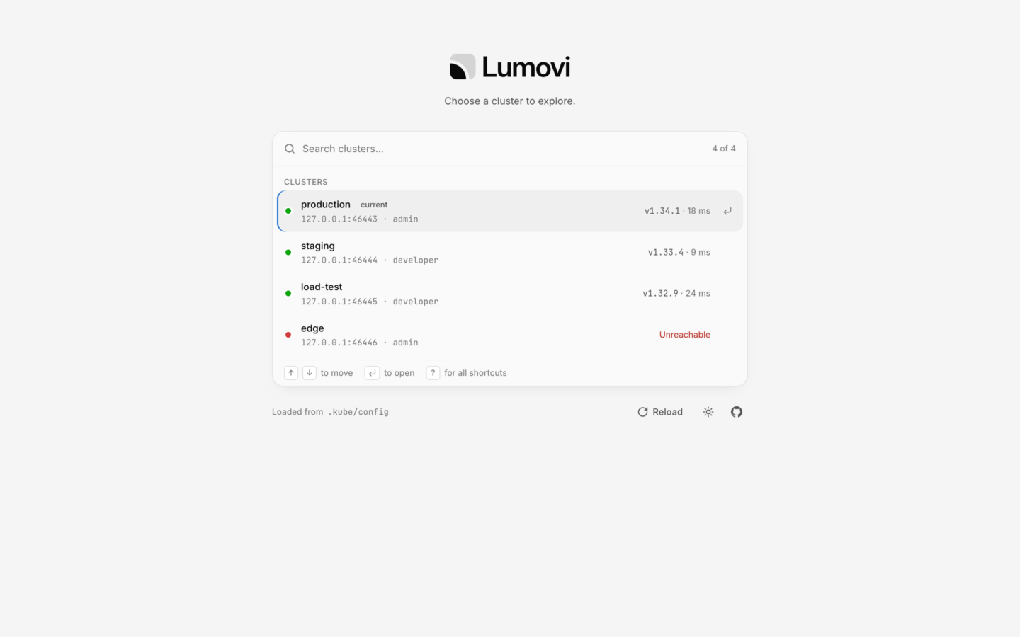 The start screen listing four clusters with their versions and response times, and one marked Unreachable.