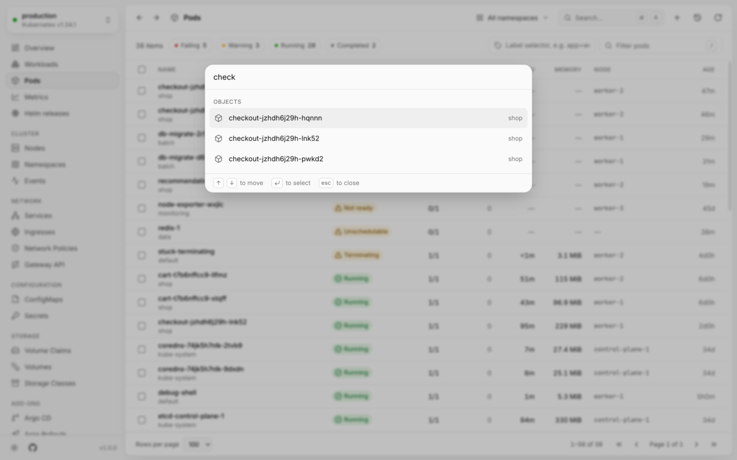 The command palette open over the app, listing matching objects, views and actions.