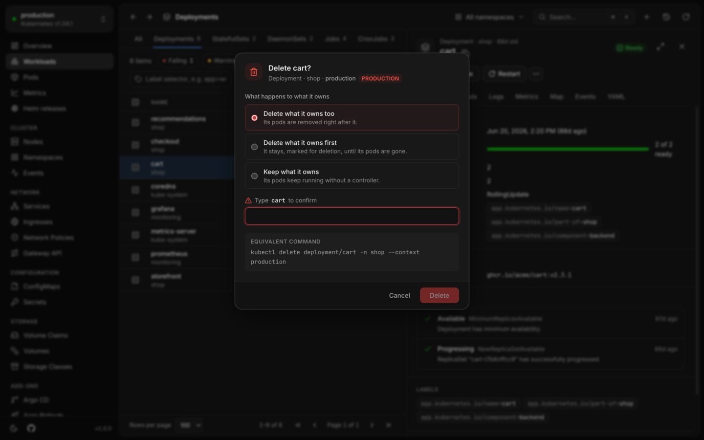 A delete dialog in a production cluster, with the PRODUCTION badge, a field to type the name, and the equivalent kubectl command.