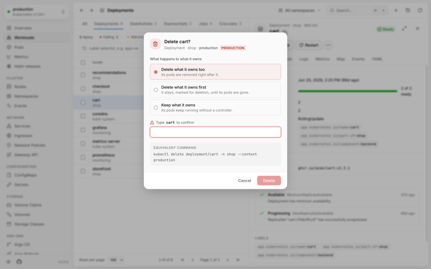 A delete dialog in a production cluster, with the PRODUCTION badge, a field to type the name, and the equivalent kubectl command.
