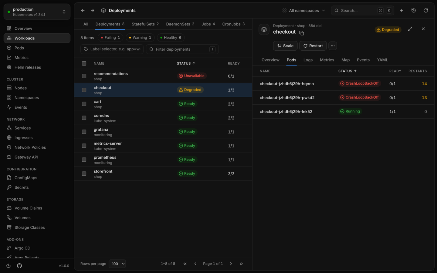 A deployment that's failing, with its pods and why they're restarting.