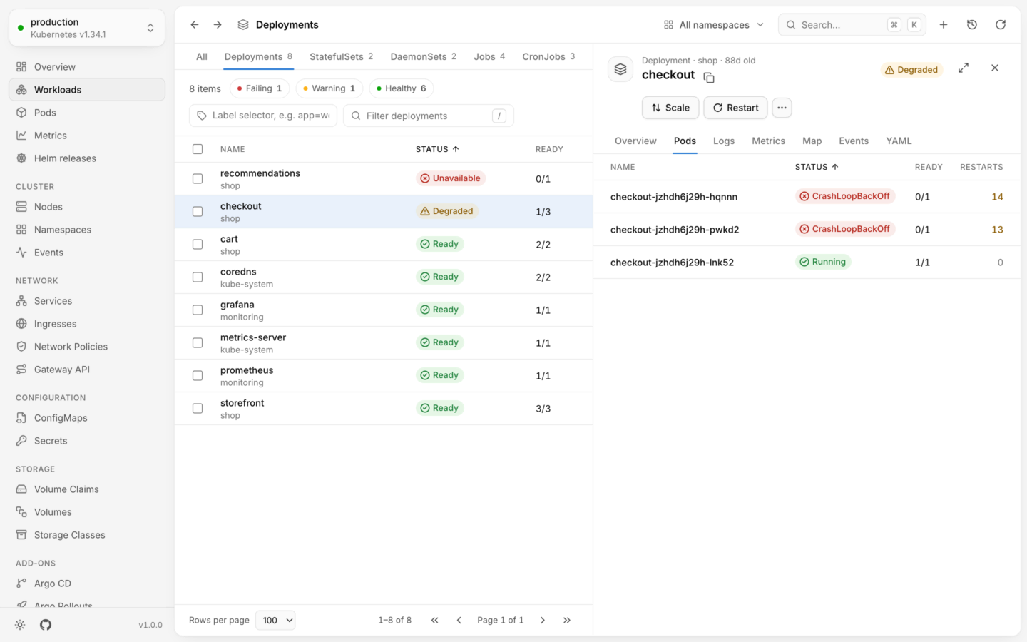 A deployment that's failing, with its pods and why they're restarting.