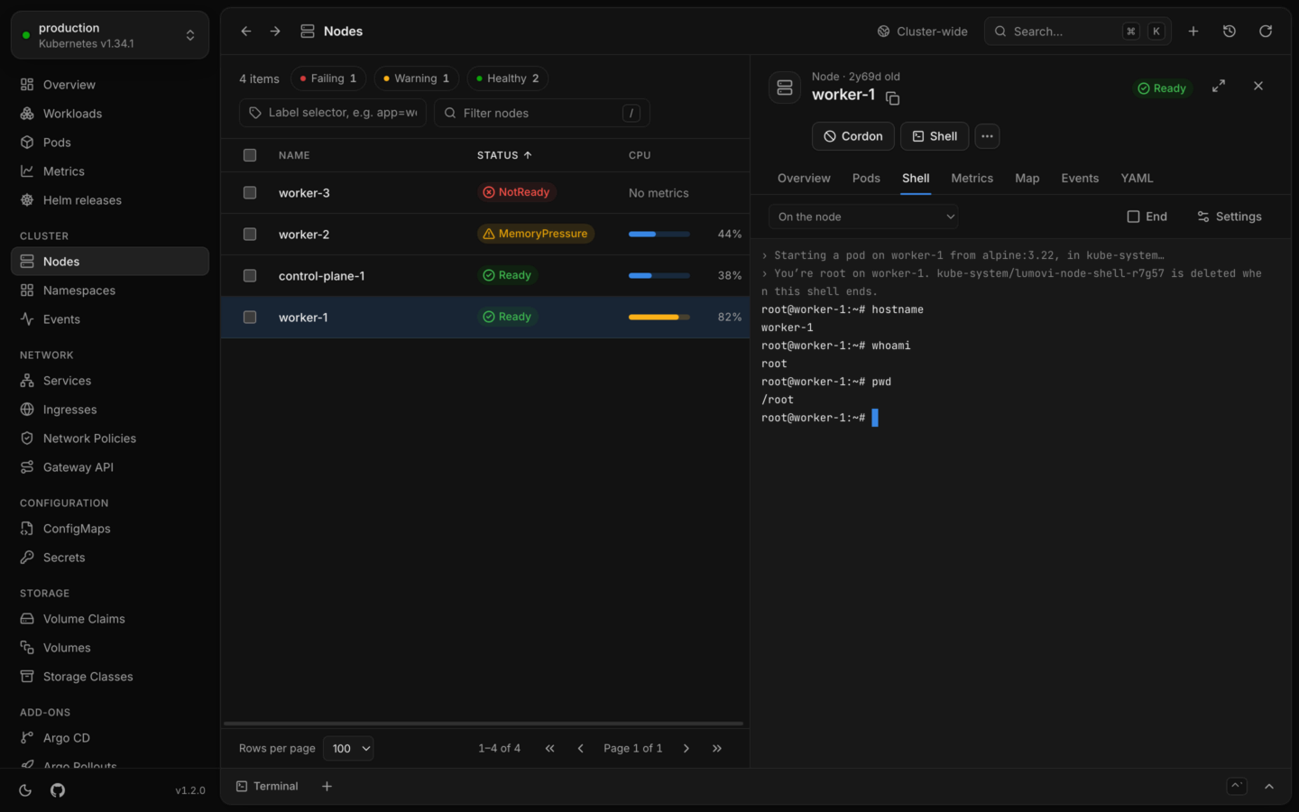 The Shell tab of node worker-1, set to On the node: Lumovi started a pod on worker-1 from alpine:3.22 in kube-system, and the shell runs as root on worker-1, where hostname, whoami and pwd answer worker-1, root and /root.