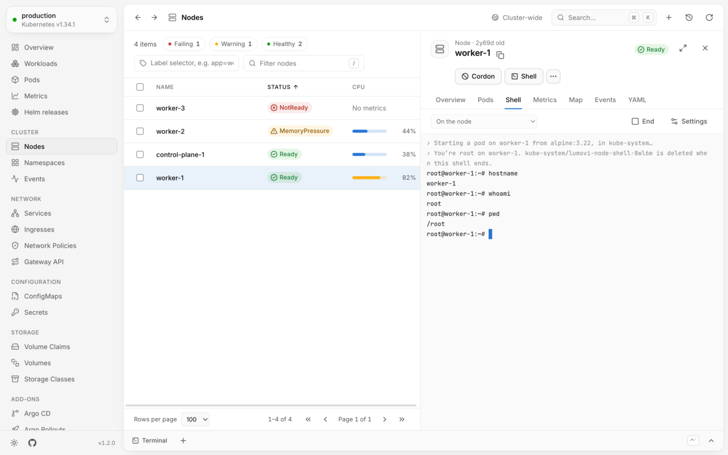 The Shell tab of node worker-1, set to On the node: Lumovi started a pod on worker-1 from alpine:3.22 in kube-system, and the shell runs as root on worker-1, where hostname, whoami and pwd answer worker-1, root and /root.