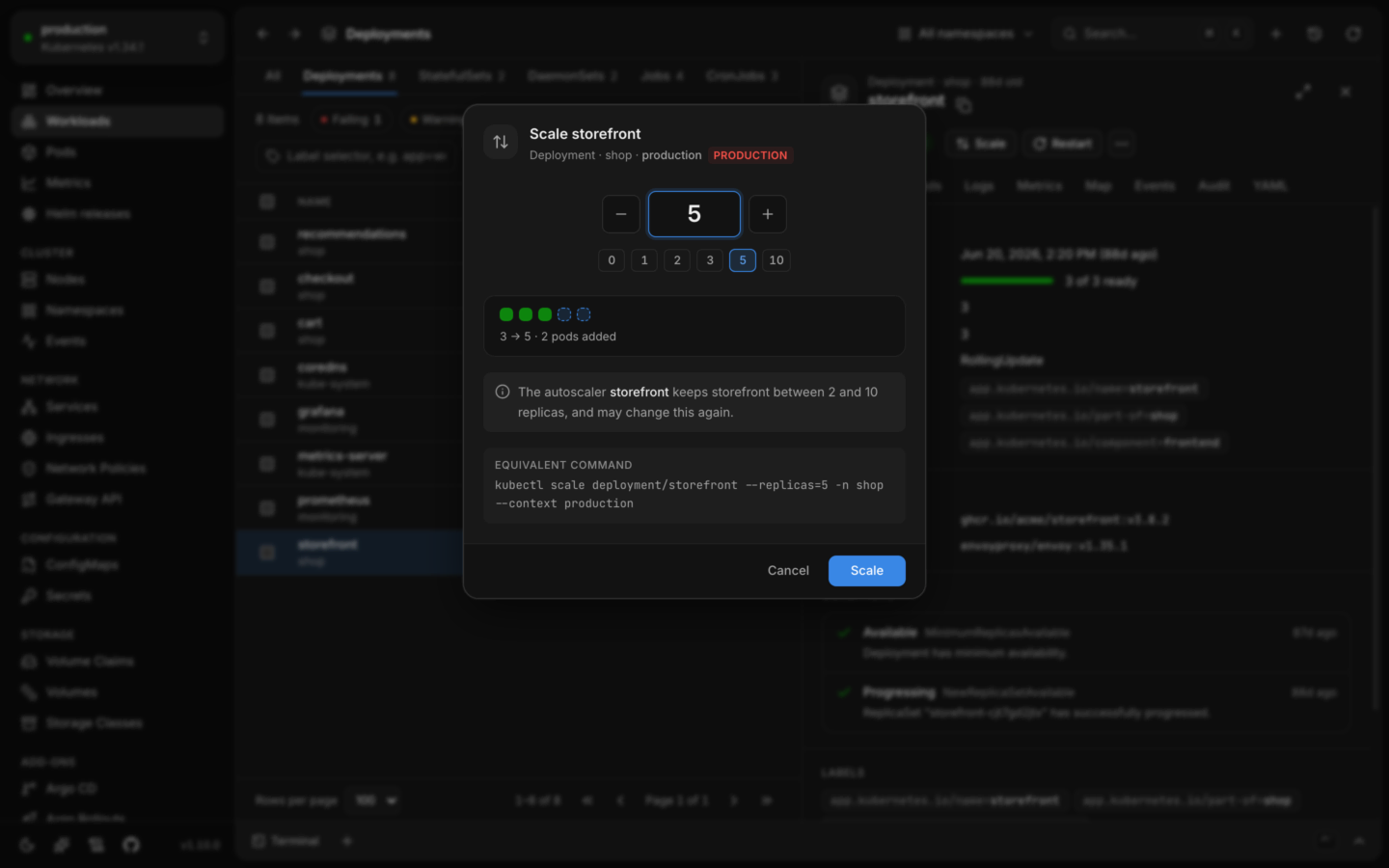 The Scale dialog for a deployment: a replica stepper, presets, a preview of the pods added, and the kubectl scale command.