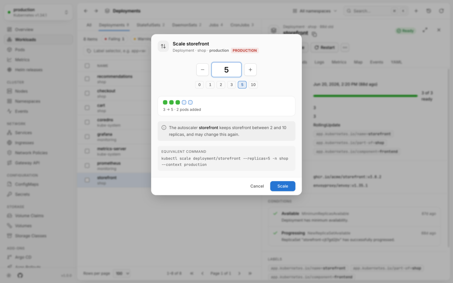 The Scale dialog for a deployment: a replica stepper, presets, a preview of the pods added, and the kubectl scale command.