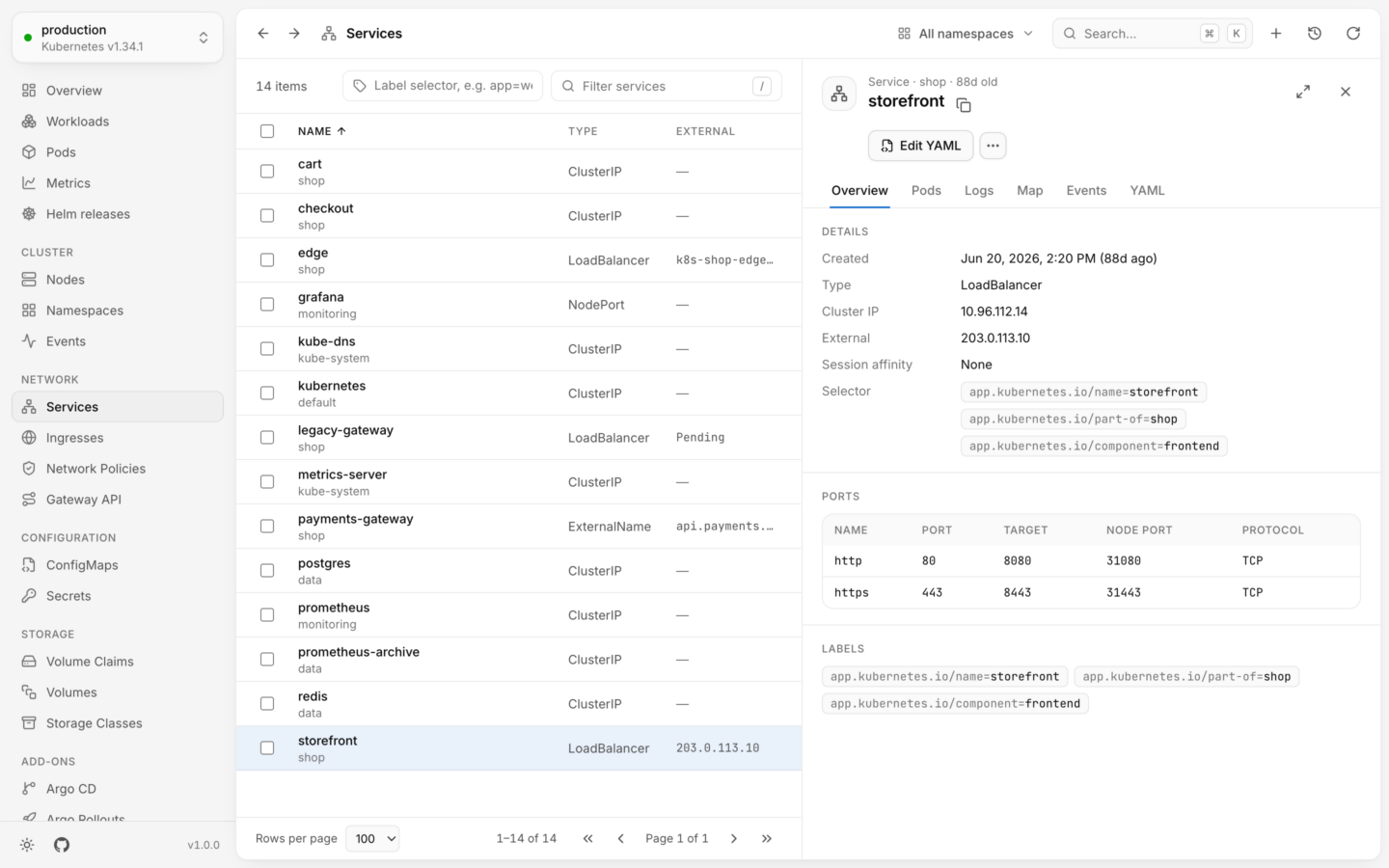 The Services list with a LoadBalancer service open: its details, selector and ports.