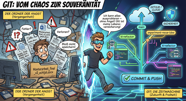 Comic: Vom Chaos zur Souveränität. Ein Charakter springt von einem chaotischen Schreibtisch in eine futuristische, strukturierte Git-Welt.