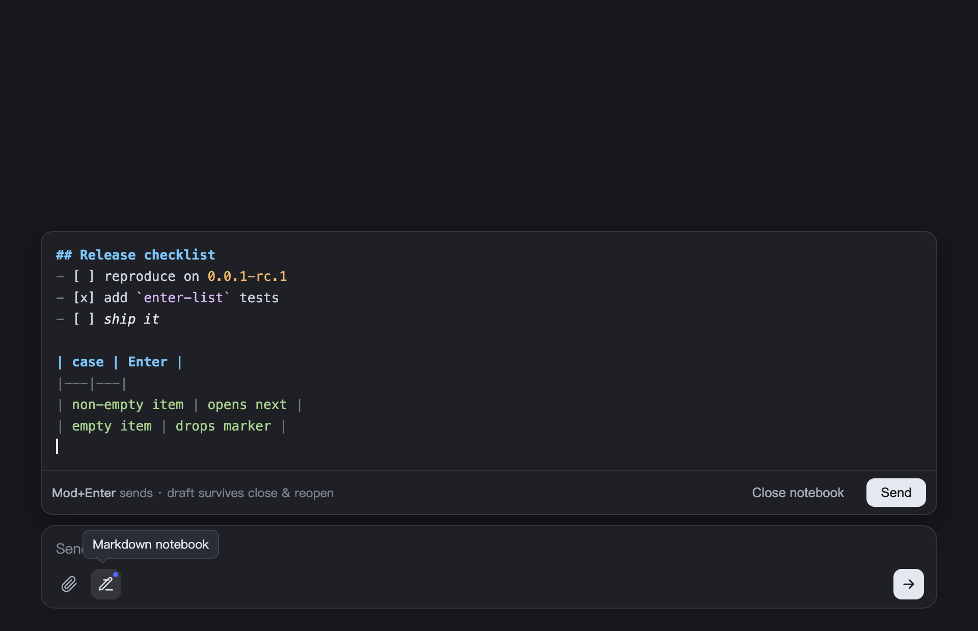 Markdown notebook open above the plain composer