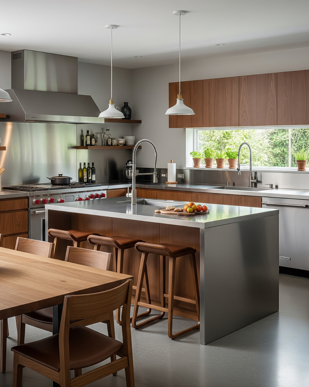 A rustic kitchen with an arched brick ceiling