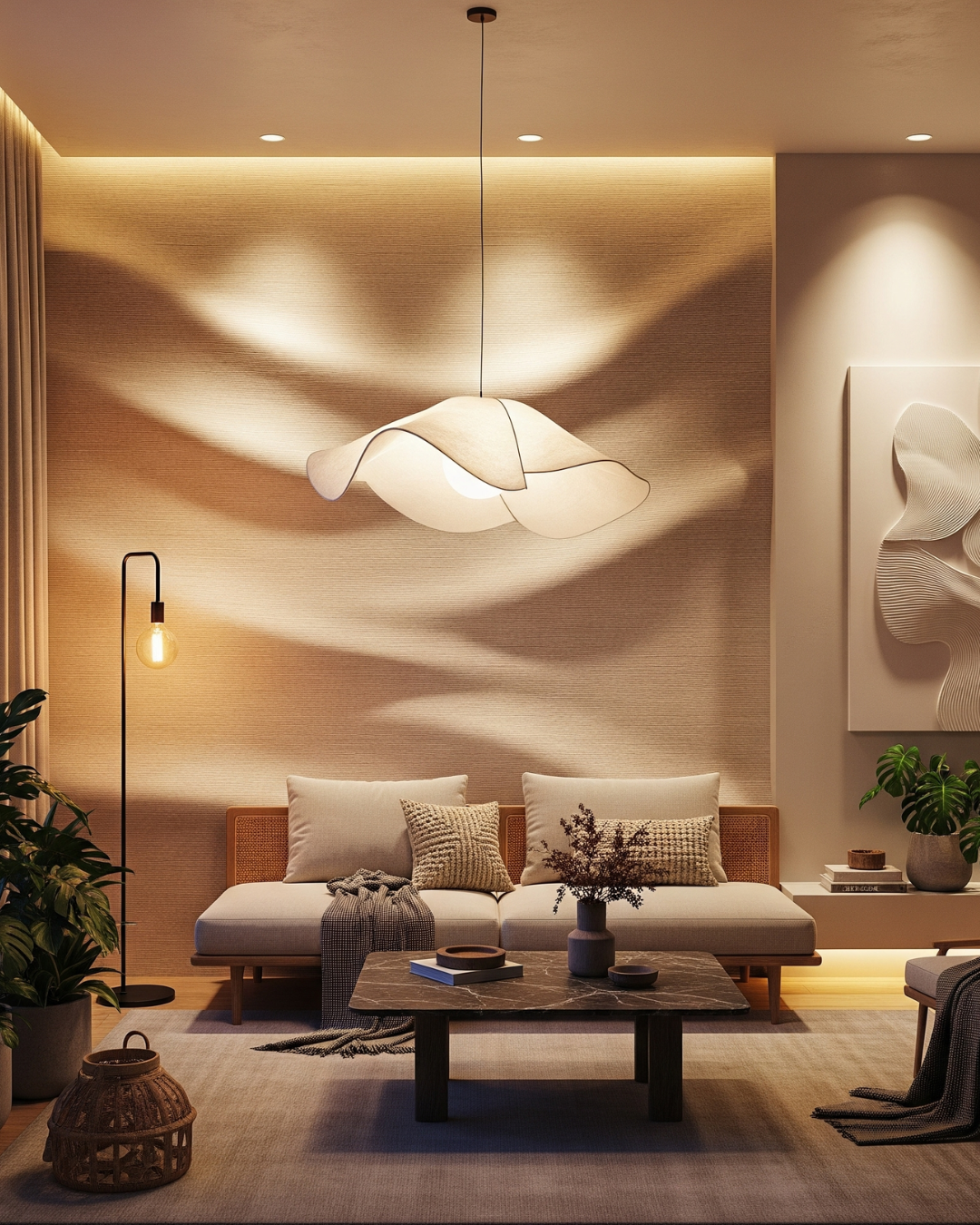 A cozy living room with a unique wavy pendant light
