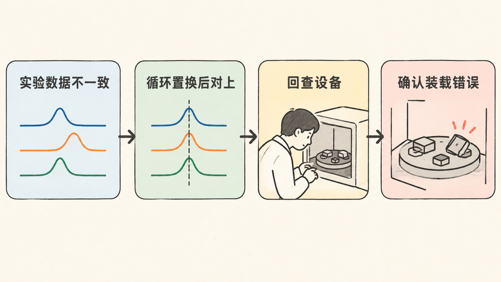访谈中的数据异常排查示意：记录不一致，经循环置换发现对应关系，团队回查设备并确认装载错误；不含原始实验数值