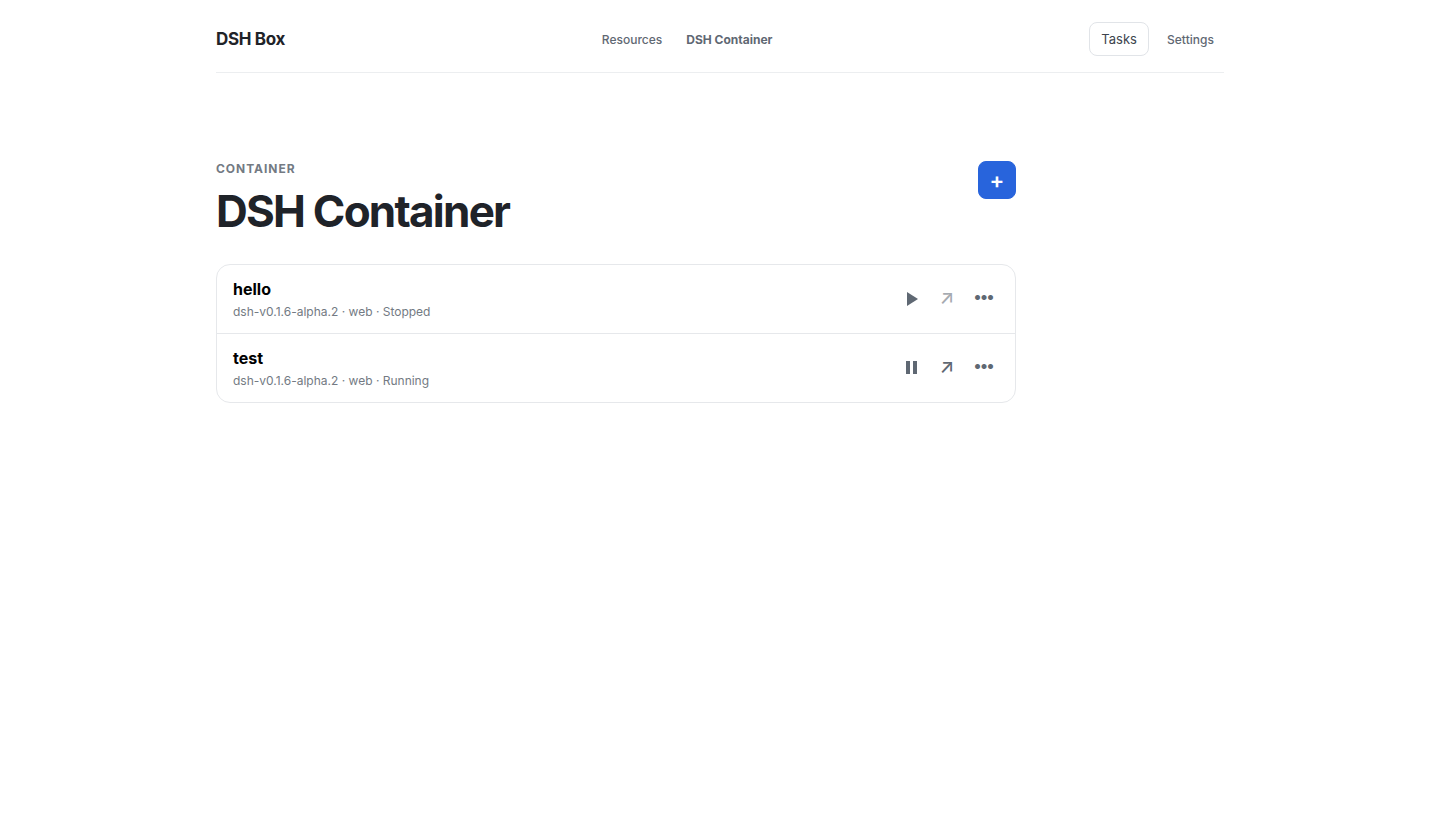 The Container view: each container has its own DSH version, profile and host process, with start, open and rebuild controls
