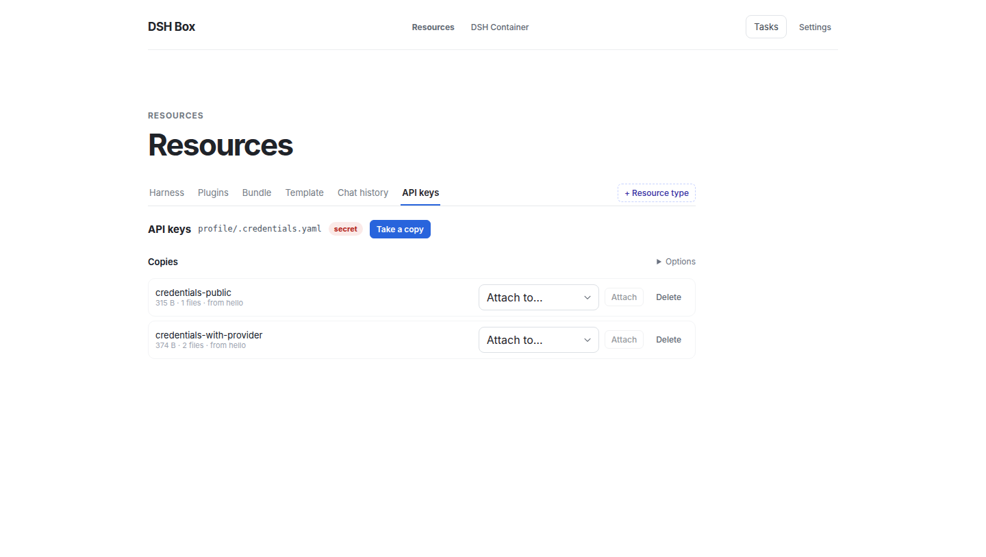 A resource type tab: every copy in the store, each with its source container and an attach target