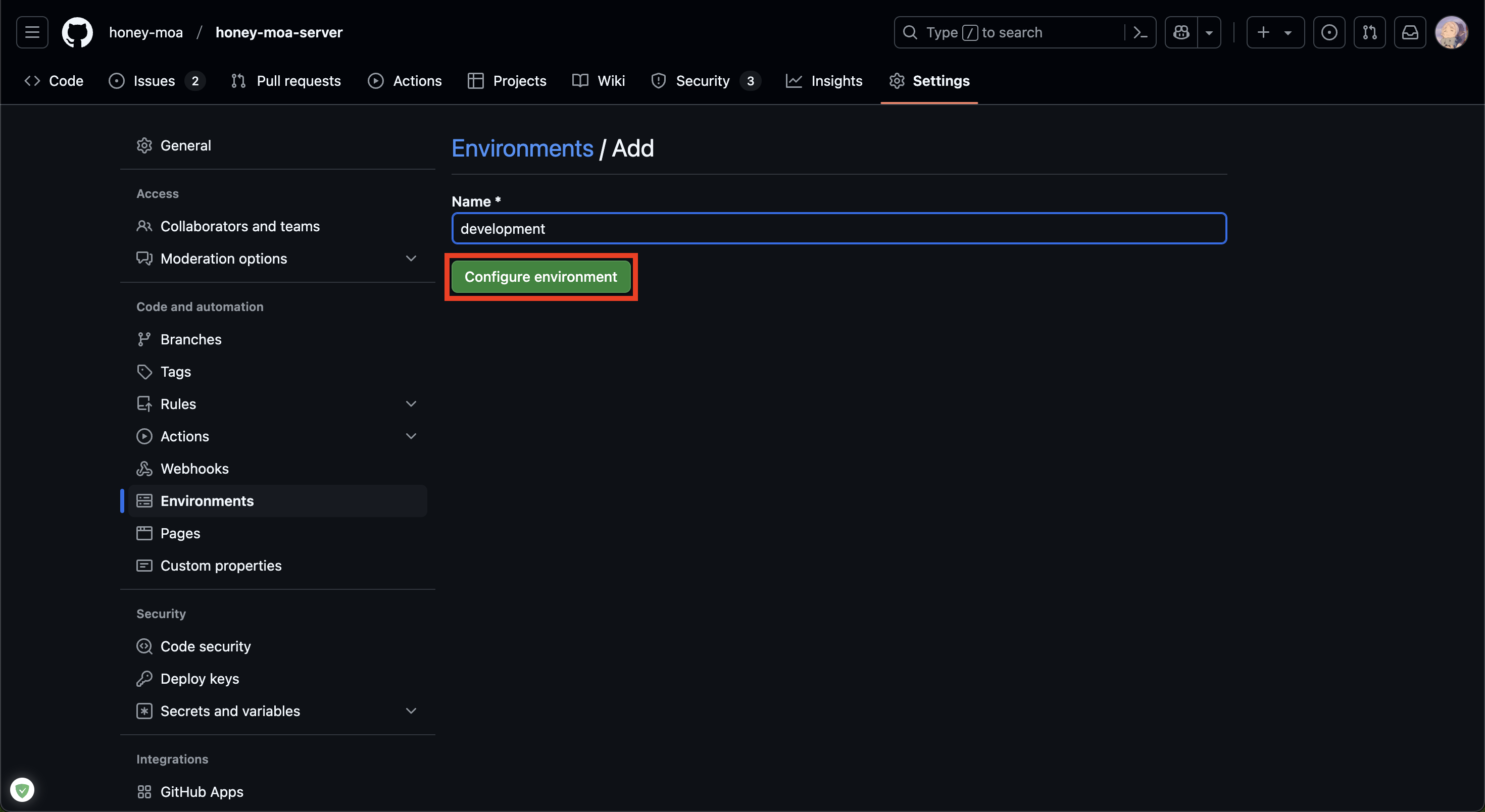 GitHub Secrets New Environment Name