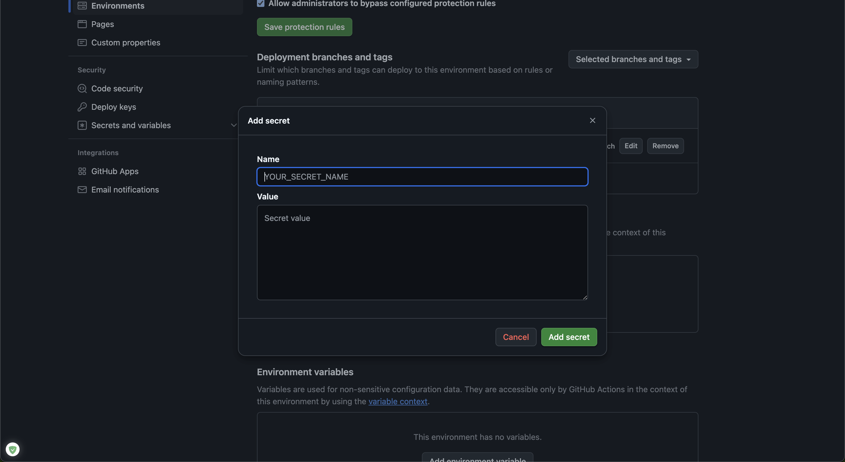 GitHub Secrets New Environment Secret Setting