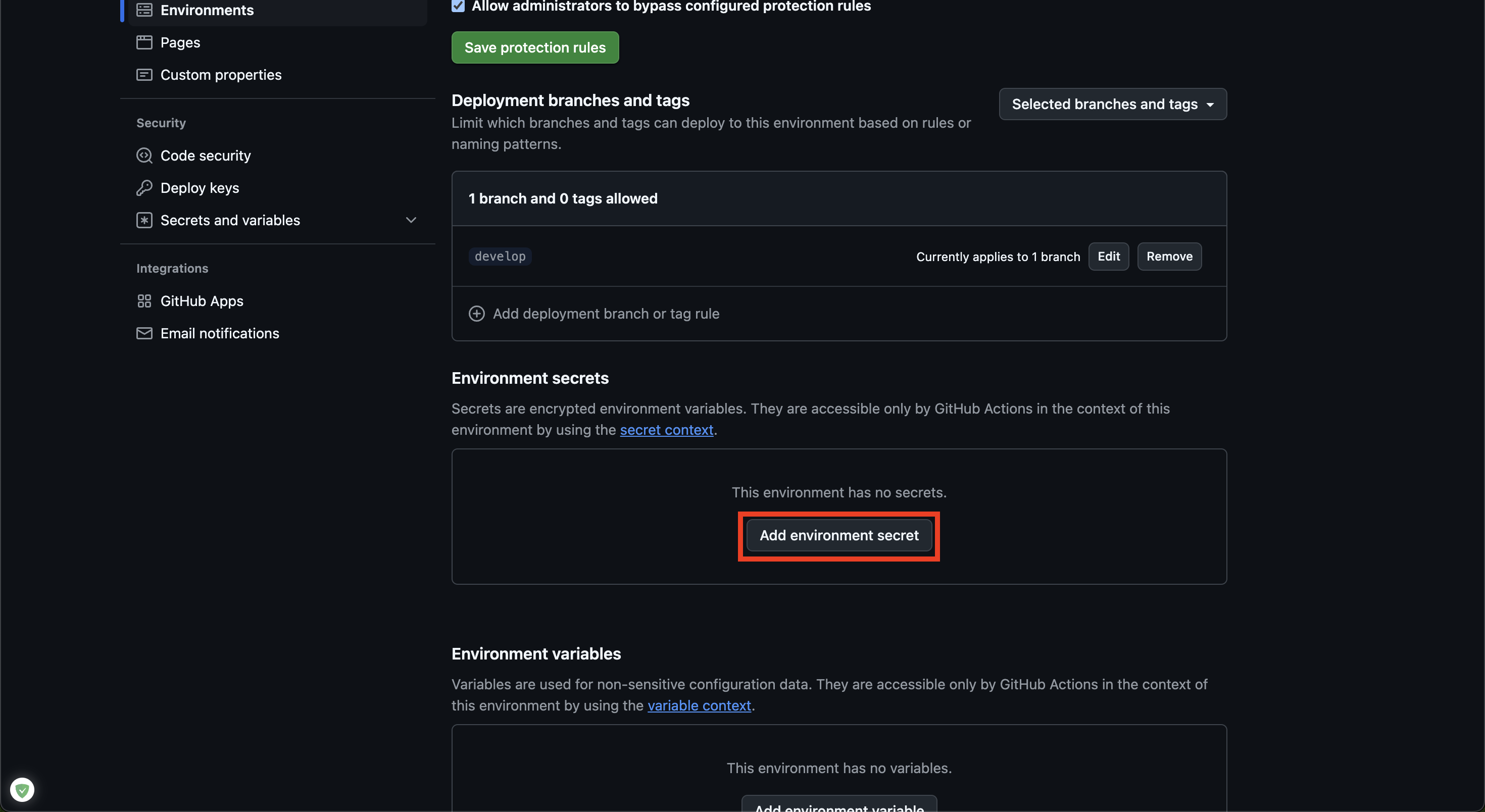 GitHub Secrets New Environment Secret