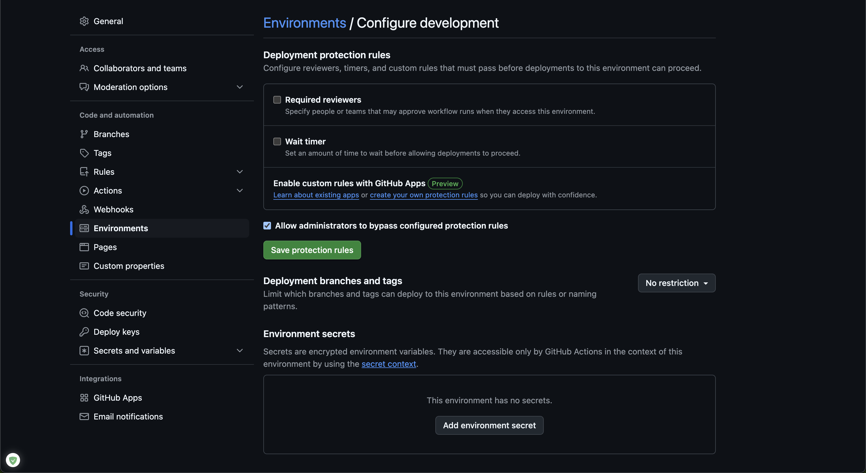 GitHub Secrets New Environment Setting
