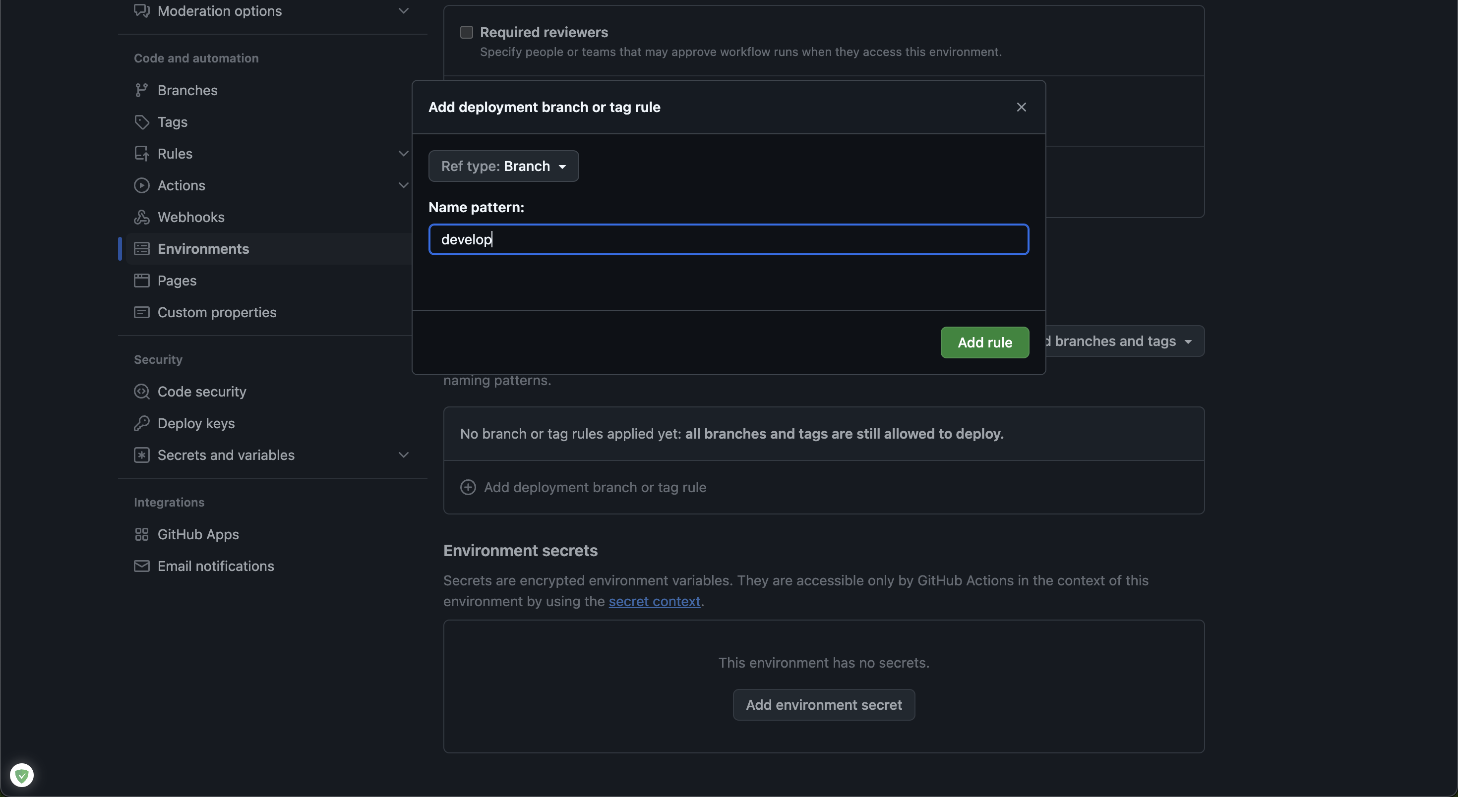 GitHub Secrets New Environment Setting3