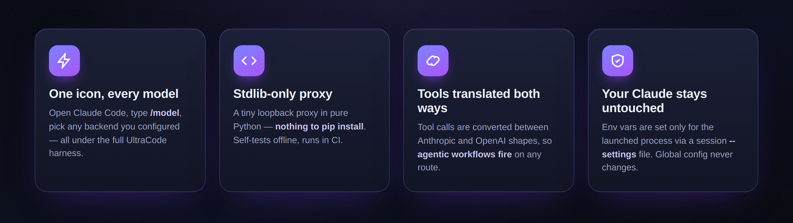 One icon, every model · stdlib-only proxy · tools translated both ways · your Claude stays untouched