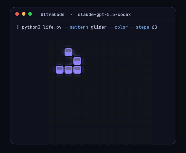 A colored Conway's Game of Life glider crawling across the terminal — the demo's end state