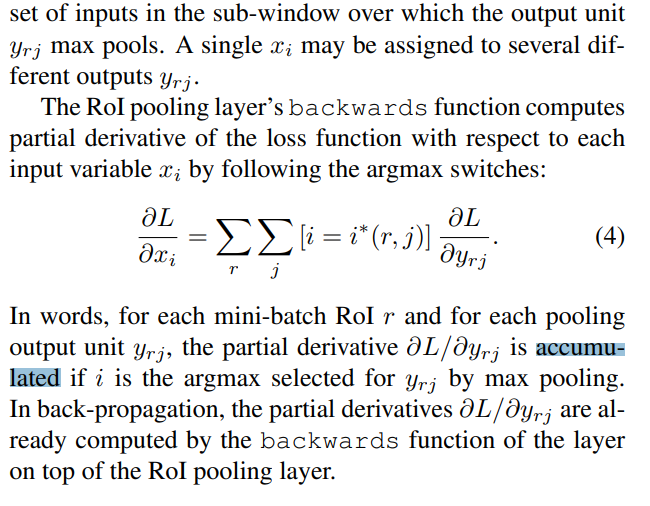 论文对RoI pooling 梯度计算的描述