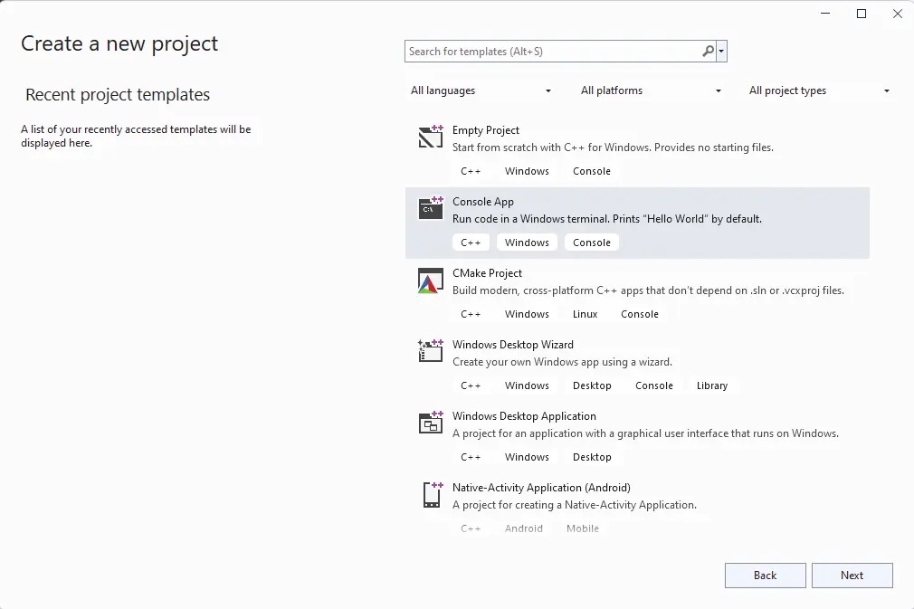 New project options in Microsoft Visual Studio